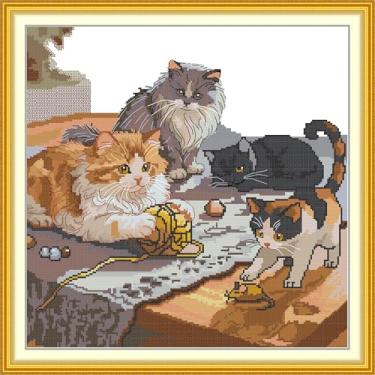 Imagem de CrossNest Kit de ponto cruz com contagem de animais de 14 quilates para iniciantes, conjunto completo de bordado DIY não impresso com padrão e ferramentas, pano Aida premium e fios (quatro gatinhos)