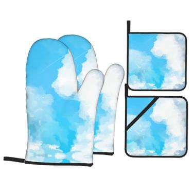 Imagem de Sky - Conjunto de luvas de cozinha estampadas com suportes de tampa, luvas de forno resistentes ao calor para manusear panelas quentes, grelhar, churrascos, kit de 4 peças.