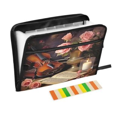 Imagem de Wassud Rosas e folha de música, 13 bolsos, organizador de arquivos sanfonados, pastas expansíveis com abas e adesivos, organizador de pastas de documentos de recibo de papel tamanho carta A4 para