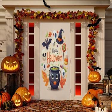 Imagem de Wassud Decoração de capa de porta fofa com tema de Dia das Bruxas, faixa interna para área externa, decoração de casa de varanda, grande decoração de porta da frente 96 x 98 polegadas