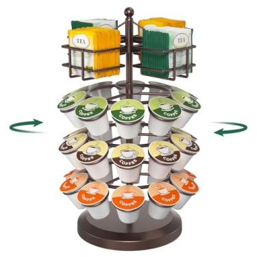 Imagem de EsLuker.ly K Porta-copos organizador de cápsulas de café carrossel para bancada, suporte giratório de metal de 4 camadas para xícaras e saquinhos de chá de 30 K, conveniência encontra elegância