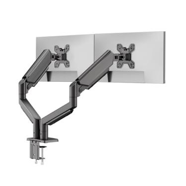 Imagem de Suporte de monitor duplo para telas de 13 a 32 polegadas, braço de monitor de mola a gás com giro, inclinação, rotação, altura ajustável, suporte de mesa com grampo C e base de ilhós, cada braço
