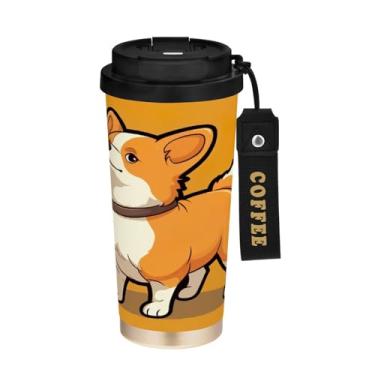 Imagem de YETTASBIN Caneca de café de viagem com isolamento térmico Corgi Dog 482 g com tampa canudo, copo à prova de derramamento e vazamento com alça para bebida quente e fria, garrafa de água de aço