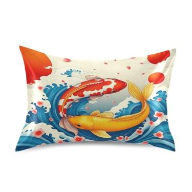 Imagem de Burbuja Fronha de cetim de peixe dourado vermelho japonês para cabelo e pele tamanho Queen 51 x 76 cm, fronha super macia antirrugas com fecho de envelope