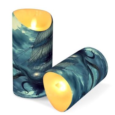 Imagem de Blueangle Pacote com 2 velas sem chama de navio pirata com controle remoto e temporizador, velas LED cintilantes (7,6 cm x 15 cm) para decoração de casa, casamento, acampamento (87)