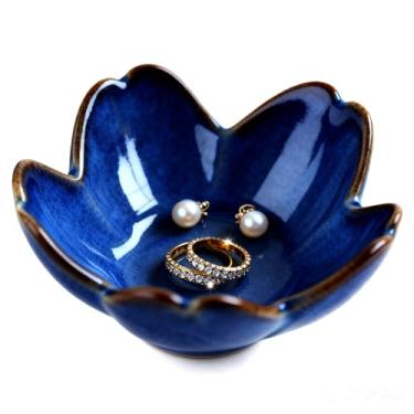 Imagem de Bandeja de joias de cerâmica de flor azul, suporte de anel bonito para pia de cozinha, banheiro, pequeno bugiganga estética e suporte de joias, presente de casamento e aniversário de dia dos namorados