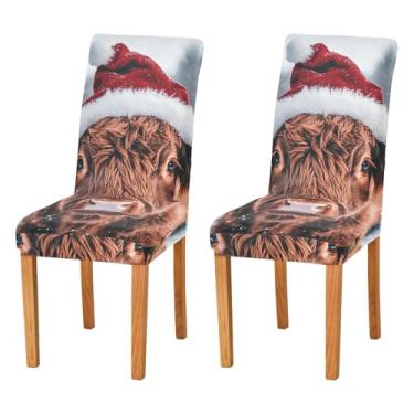 Imagem de xigua Capas de cadeira de vaca Highland de Natal, 2 peças, capas elásticas laváveis para cadeira de cozinha, protetor de assento removível para festas de fim de ano, cozinha, hotel, sala de jantar