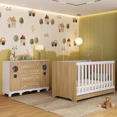 Imagem de Berço Americano 3 em 1 com Cômoda 2 Portas 4 Gavetas Suspiro Multimóveis Mp4714 Branco/madeirado