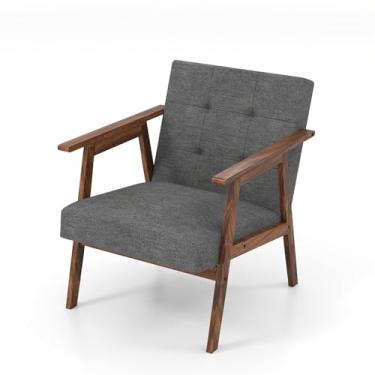 Imagem de Qiilu Poltrona estofada moderna de meados do século, moldura de madeira maciça, tecido cinza escuro, 24,8 x 29,53 x 29,53 polegadas, para sala de estar