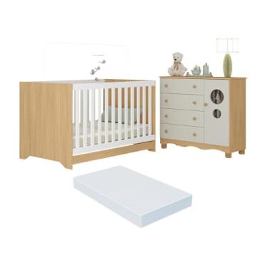 Imagem de Berço Americano 3 em 1 com Colchão Incluso e Cômoda 1 Porta 4 Gavetas Suspiro Multimóveis Mp4718 Madeirado/off White