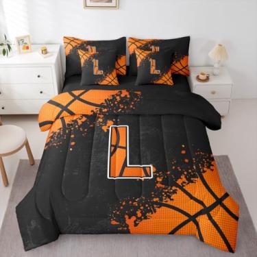 Imagem de Erosebridal Jogo de cama solteiro com edredom de basquete - Jogo de cama personalizado G para meninos e meninas, tema esportivo 3D, 7 peças, laranja, conjunto de cama com estampa esportiva