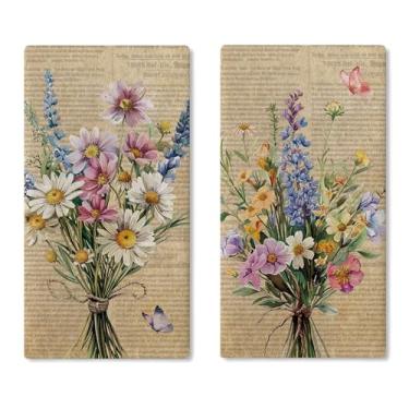 Imagem de Croar Conjunto de 2 panos de prato de cozinha buquê de flores vintage, toalha de mão floral retrô para secagem de margaridas, pano de cozimento, primavera verão borboleta de flores silvestres