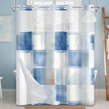 Imagem de NAEMBCU Conjunto de cortina de chuveiro sem gancho com forro de encaixe, cortinas de chuveiro com cubos geométricos modernos com parte superior transparente, camada dupla à prova d'água para decoração