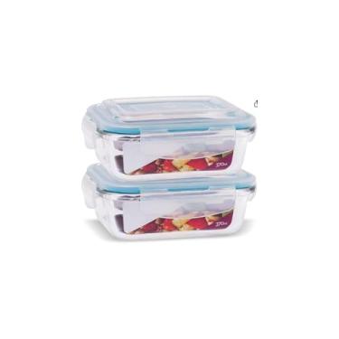 Imagem de Pote Hermético de Vidro Borossilicato, Retangular, 370ml, Tampa de Silicone Azul, Resistente a Temperatura, para Alimentos, 15x11x5cm