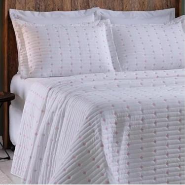Imagem de Kit Cobre Leito Bordado Fios – Colcha de Cama Solteiro Enxoval Elegante e Confortável para Quarto (Branco/Rosa,Solteiro)