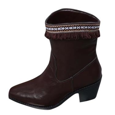 Imagem de Botas femininas de borla, bico fino, salto grosso, confortável para passeios no outono e inverno, design moderno, Marrom, 35