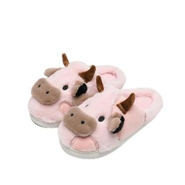 Imagem de Pantufas de vaca para mulheres e homens, fofas, fofas, aconchegantes, com desenho de vaca felpuda, para casa, para uso interno e externo, rosa, 5-6.5 Women/3.5-5 Men