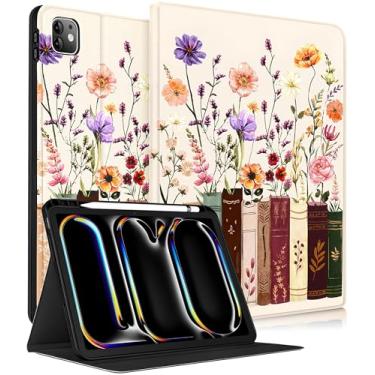 Imagem de Wazzasoft for iPad Pro 11 Inch Case M5 2025/M4 2024 - Women Girls Cute Smart Folio Cover (Auto Wake/Sleep) with Build-in Pencil Holder for Apple Tablet Soft TPU Protective Cover,Painting Flowers
