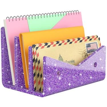 Imagem de Rulyyo Porta-envelope organizador de correio - 3 compartimentos com glitter roxo acrílico suporte de correio bancada, organizador de mesa, pequeno arquivo, caderno de documentos, classificador de