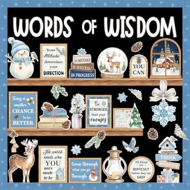 Imagem de Mooliwe Conjunto de quadro de avisos de Natal, inverno, 57 peças, decoração inspiradora para sala de aula, aquarela, floco de neve, boneco de neve, recorte para decoração de parede de porta de Natal