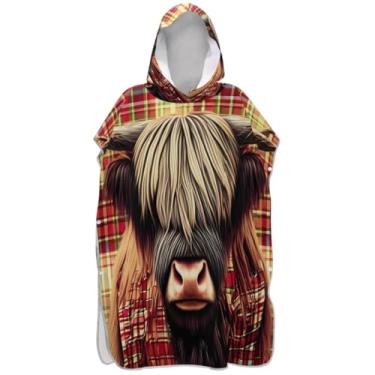 Imagem de Joisal Lindo poncho de surfe vermelho de vaca Highland xadrez para adultos trocador de roupa de praia com capuz toalha de natação plus size ponchos adultos para mulheres