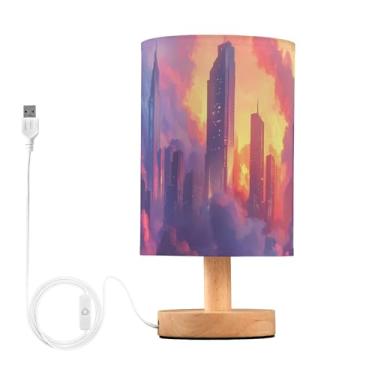 Imagem de Joisal Luminária de mesa de cabeceira de paisagem urbana futurista com abajur de linho, decoração de quarto