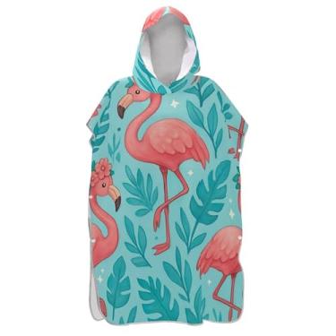 Imagem de Lindo poncho de surfe de flamingos rosa com folhas azuis para trocador adulto toalha de banho com capuz plus size ponchos femininos com capuz