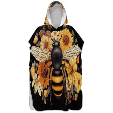 Imagem de Joisal Poncho de surfe para adultos trocador de roupa de praia com capuz toalha de banho plus size flores de abelha floral preto ponchos femininos com capuz