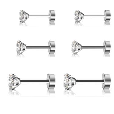 Imagem de FACOKO 3 pares de brincos de costas planas para mulheres, titânio CZ Stud Flat Screw Back, hipoalergênico cartilagem flatback, Tragus Helix Tragus Conch Piercing (3 mm/4 mm/5 mm Ouro/Rosa/Prata/Preto