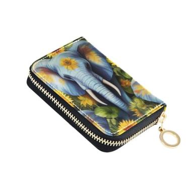 Imagem de Carteira feminina colorida de couro com bloqueio de RFID, porta-cartões de crédito, elefantes, girassóis, animais e carteira de viagem com zíper