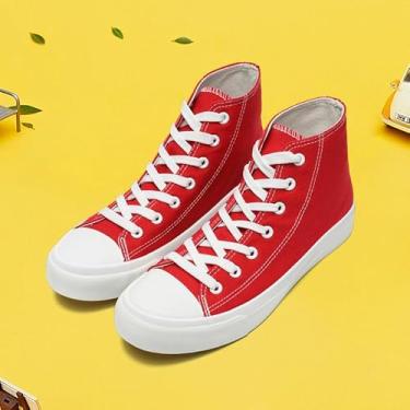Imagem de Tênis infantil de lona de cano alto sem cadarço para meninas e meninos modernos sapatos de lona clássicos casuais tênis vermelho, Vermelho, 10 Toddler