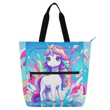 Imagem de GAIGEO Linda bolsa feminina colorida unicórnio azul bolsa de trabalho lona praia livro bolsa utilitária com zíper bolsa infantil com compartimentos