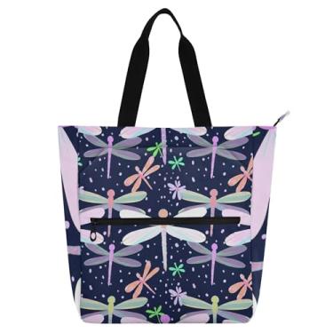 Imagem de Sacolas femininas coloridas libélulas roxas escuras de lona com zíper bolsa de praia bolsas médias para amantes de livros presentes
