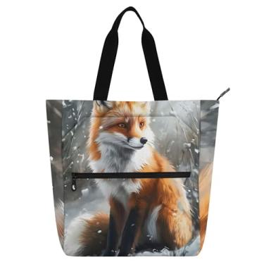 Imagem de GAIGEO Sacola charmosa de raposa vermelha floresta nevada para crianças e mulheres amantes de livros, trabalho, escola, bolsa de lona com zíper médio