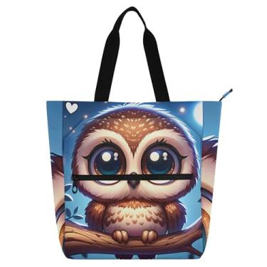 Imagem de GAIGEO Linda bolsa de trabalho com estampa de coruja de desenho animado para mulheres, bolsa de lona para livros de praia com zíper, bolsas femininas infantis com compartimentos