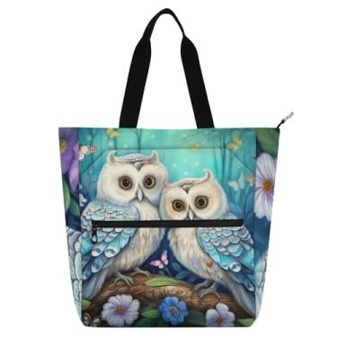 Imagem de Sacola feminina com pintura de flores de corujas para trabalho, lona, zíper, bolsa de praia, bolsas fofas, para amantes de livros, presentes