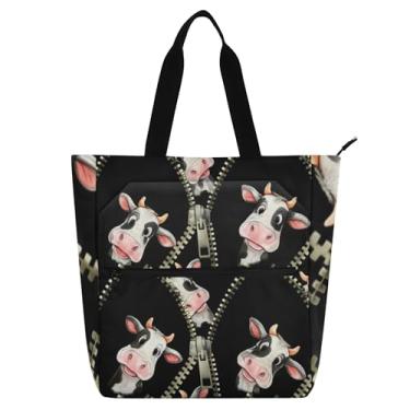 Imagem de GAIGEO Bolsas de trabalho femininas com zíper aberto Cows Behind Tote Canvas Beach Book Tote com zíper médio presente para amantes de livros