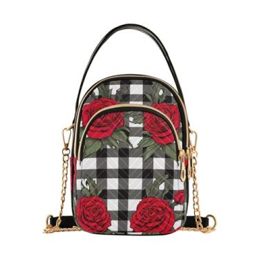 Imagem de GAIGEO Ornamento geométrico colorido com bolsas de ombro femininas estilizadas, bolsas de ombro femininas transversais, Rosas vermelhas no tabuleiro xadrez preto e branco 5, One Size