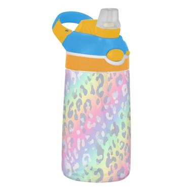Imagem de Garrafa de água infantil leopardo cores pastel arco-íris com canudo 473 ml Tritan 473 ml garrafa de água de plástico à prova de vazamento, copos de viagem reutilizáveis para crianças, portátil, alça