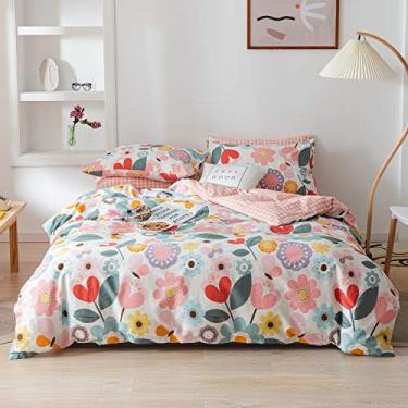 Imagem de TISPLR Jogo de cama Queen de algodão macio com 3 peças, capa de edredom floral estilo jardim fresco com fecho de zíper, luxuosa, respirável e confortável