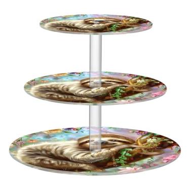 Imagem de Cute Sloth Spring Floral Tea Party Cupcake Stand 3 camadas redondo acrílico display copo bolo torre flor bandeja de servir mesa deserto exibição bolo comida aniversário