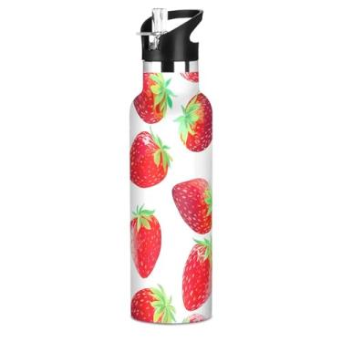 Imagem de Garrafas de água de aço inoxidável para meninos de 590 ml com tampa de palha, impressão de morangos, garrafa de água esportiva isolada vermelha e branca com alça, copos infantis a vácuo de parede