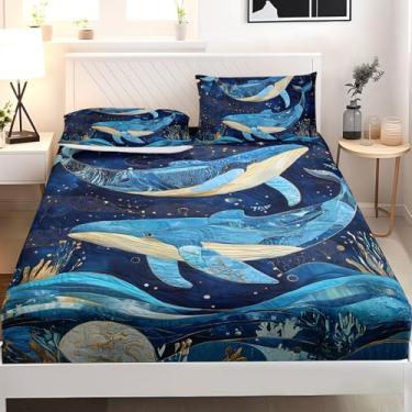 Imagem de AILONEN Jogo de lençol azul marinho para decoração de quarto, tamanho Queen, animais marinhos, baleia, tema subaquático, 3 peças, 1 bolso profundo com 2 fronhas, macio e respirável