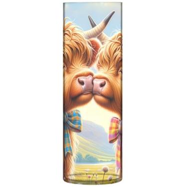 Imagem de Valentine Highland Cow Mate Vaso grande de plástico lindo vaso cilíndrico buquê decorações de flores para quarto, 30 cm x 9,9 cm