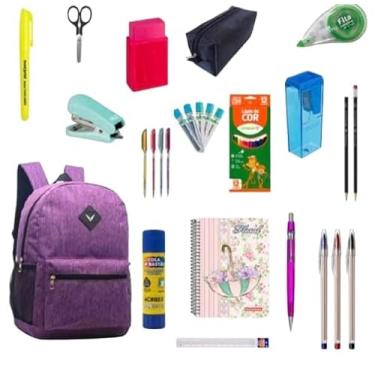 Imagem de Kit Material Escolar Completo 33 Item Com ou Sem Mochila Caneta Caderno Grampeado Lista Premium 2026 (LILA)