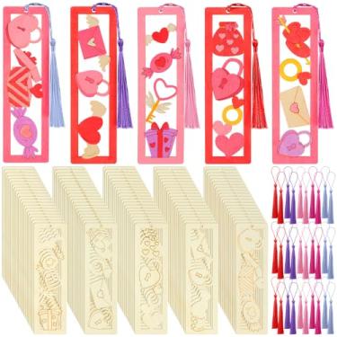 Imagem de Yexiya 200 peças de marcadores de livro de madeira DIY Dia dos Namorados a granel coração vermelho cor inacabada sua própria cavidade com borla, conjunto de 100 envelopes de amor em branco, artesanato