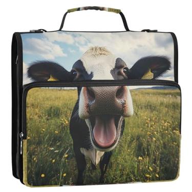 Imagem de Divertidos fichários de 3 anéis de 3,8 cm anel D fofo vaca feliz com zíper organizador pasta de portfólio de armazenamento com alça bolsa de fichário do ensino médio com alça