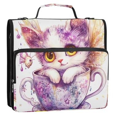 Imagem de Organizador de fichário com zíper, gatinho, adorável estampa de gato, 3,8 cm, 3 anéis, bolsa básica com alça para armazenamento escolar, pasta de portfólio com alça