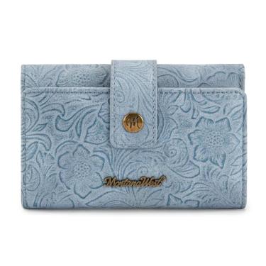 Imagem de Montana West Carteiras pequenas femininas com três dobras com bloqueio de RFID, carteira feminina para cartão de crédito, carteiras de viagem ocidentais com janela para identidade, Jeans azul