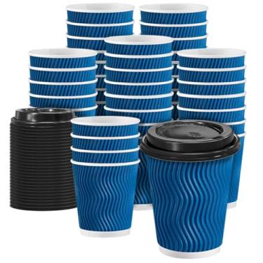 Imagem de Clawsoff Pacote com 100 xícaras de café com tampas de 283 g, copos de café descartáveis de papel ondulado para parede para bebidas quentes/frias, escritório, casa, loja, evento (Marinho)